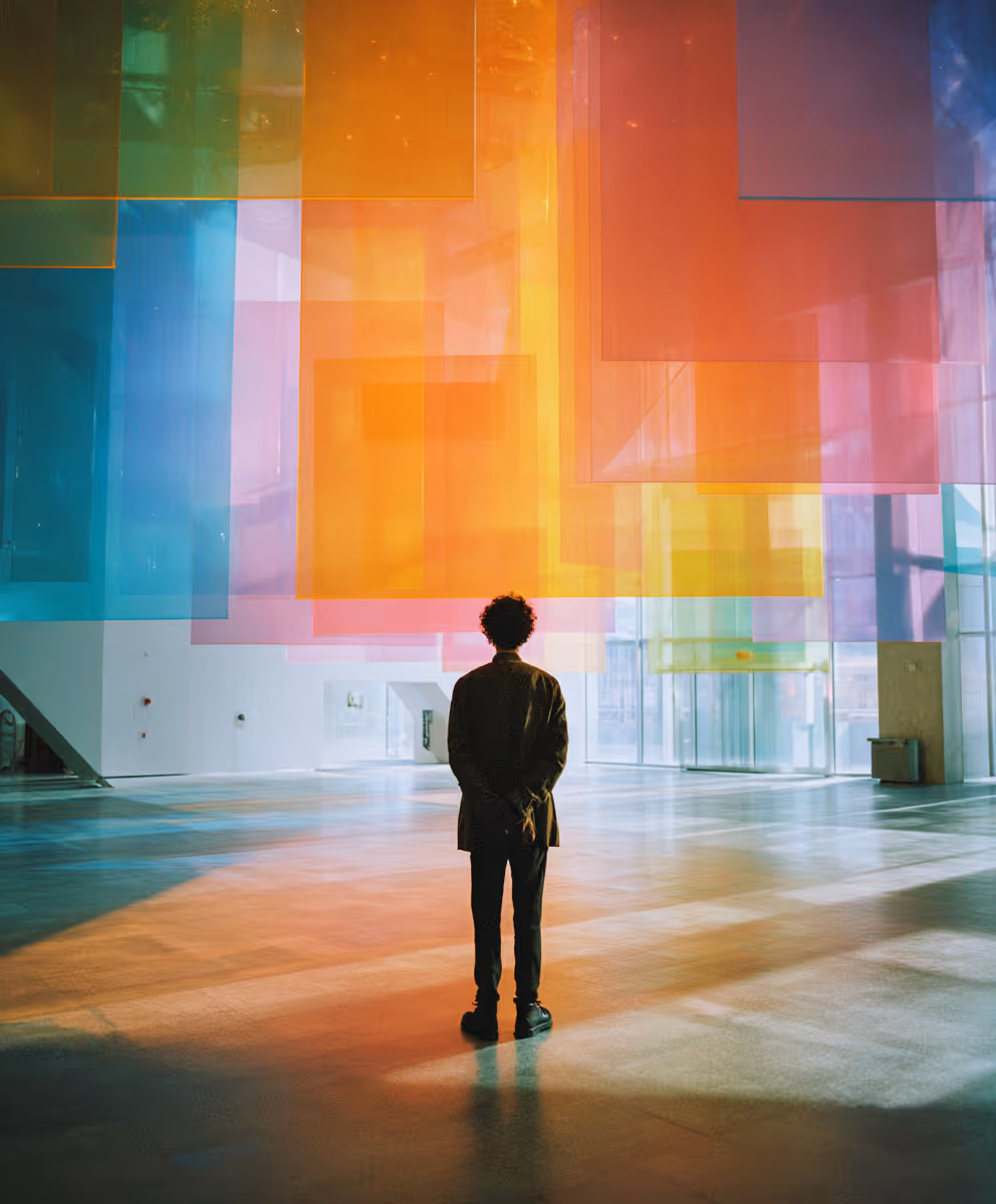 A person walks through a gallery of large translucent panels in warm and cool tones.